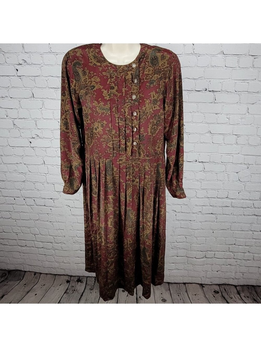 VTG Talbots Multicolor Paisley Pleated Buttoned Long Sleeve Midi Dress Petite 4P